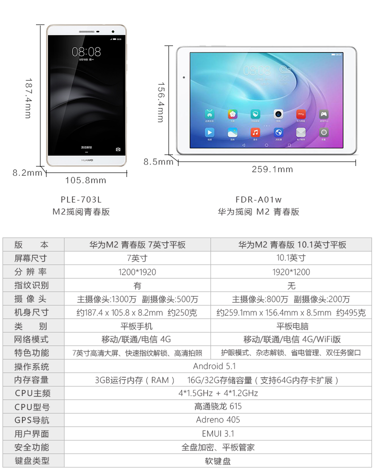 huawei/华为 ple-703l 7寸4g通话平板电脑m2 哈曼卡顿